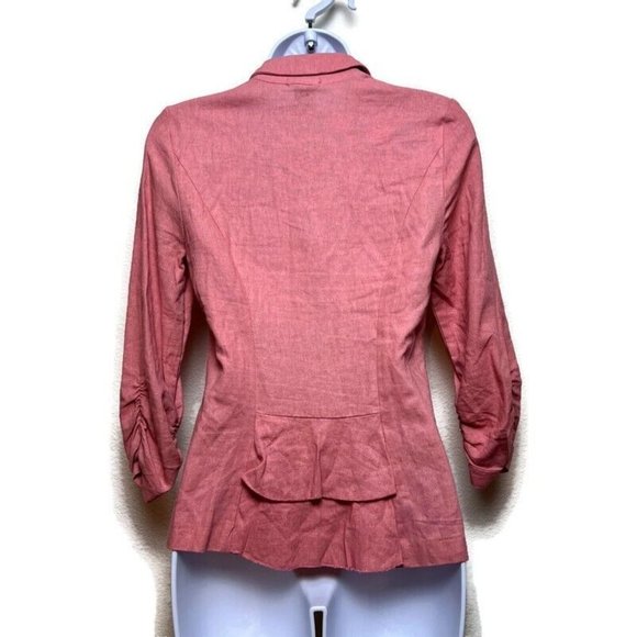 Stoosh Womens Pink Linen Blend Blazer Sz S Preppy Coastal Rayon Ruching Ruffle - Picture 2 of 10